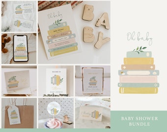 Gender Neutral Storybook Stack Baby Shower Bundle, Book Lover Baby Shower Invite, Games and Decor Set, Fully Editable Templates#Y227