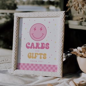 Fully Editable Preppy Pink Smile Face Birthday Table Decor Signs, One Happy Baby Birthday Party Favors Sign, Add Your Own Text,#Y226