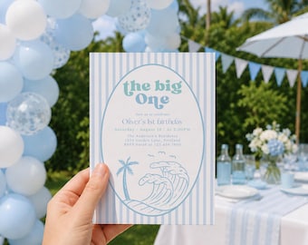 The Big One Birthday Invitation, Surf Boy 1st Birthday Invite, Editable Beach Party Template#SU7