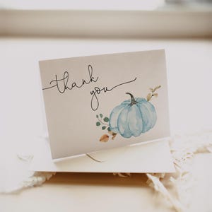Blue Gingham Baby Shower Invitation Set with watercolor blue pumpkins, classic blue gingham pattern, and minimalist fall styling. Includes invitation, Books for Baby card, Diaper Raffle ticket, and Thank You Card. Perfect for boy fall baby showers, little pumpkin themes, harvest celebrations, and baby boy events.