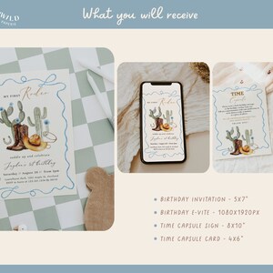 1st Rodeo Birthday Bundle featuring cowboy and western-themed elements, editable and printable, includes invitation and first birthday decor templates.