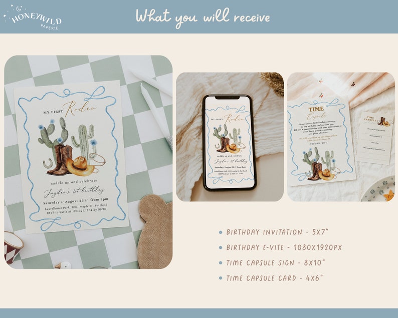 1st Rodeo Birthday Bundle featuring cowboy and western-themed elements, editable and printable, includes invitation and first birthday decor templates.