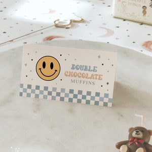 Cartões de barraca de comida para festa One Happy Dude, cartões de lugar de rosto com sorriso diy, cartões de nome de prato de buffet plano e tentado, modelo editável para impressão # YC3