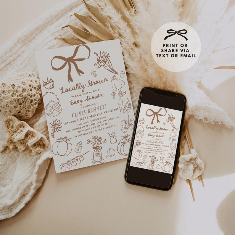 Editable fall baby shower invitation bundle with little pumpkin and locally grown baby shower theme, featuring hand-drawn harvest vegetables, pumpkins, bow details, and matching insert cards for an autumn baby shower celebration.