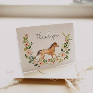 Rosa Blumen-Pferd-Dankeschön-Karte, bearbeitbare Dankeskarte zum Galopp über den Geburtstag, bearbeitbare Dankeskarte für die Babyparty mit Pferd, #A100
