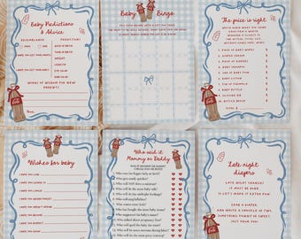 Elle est prête à lancer des jeux de baby shower - Thème soda bleu vichy - Activités de baby shower de cola modifiables # HA1