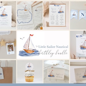 Little Sailor Nautical 1st Birthday Party Bundle with Editable Invitations, Milestones, and Decorations, Ahoy Sailboat Birthday Bundle#YR9