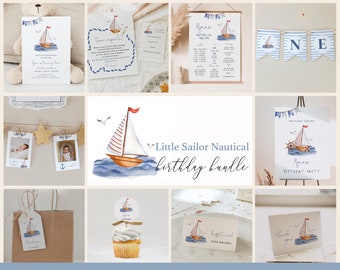 Little Sailor Nautical 1st Birthday Party Bundle with Editable Invitations, Milestones, and Decorations, Ahoy Sailboat Birthday Bundle#YR9