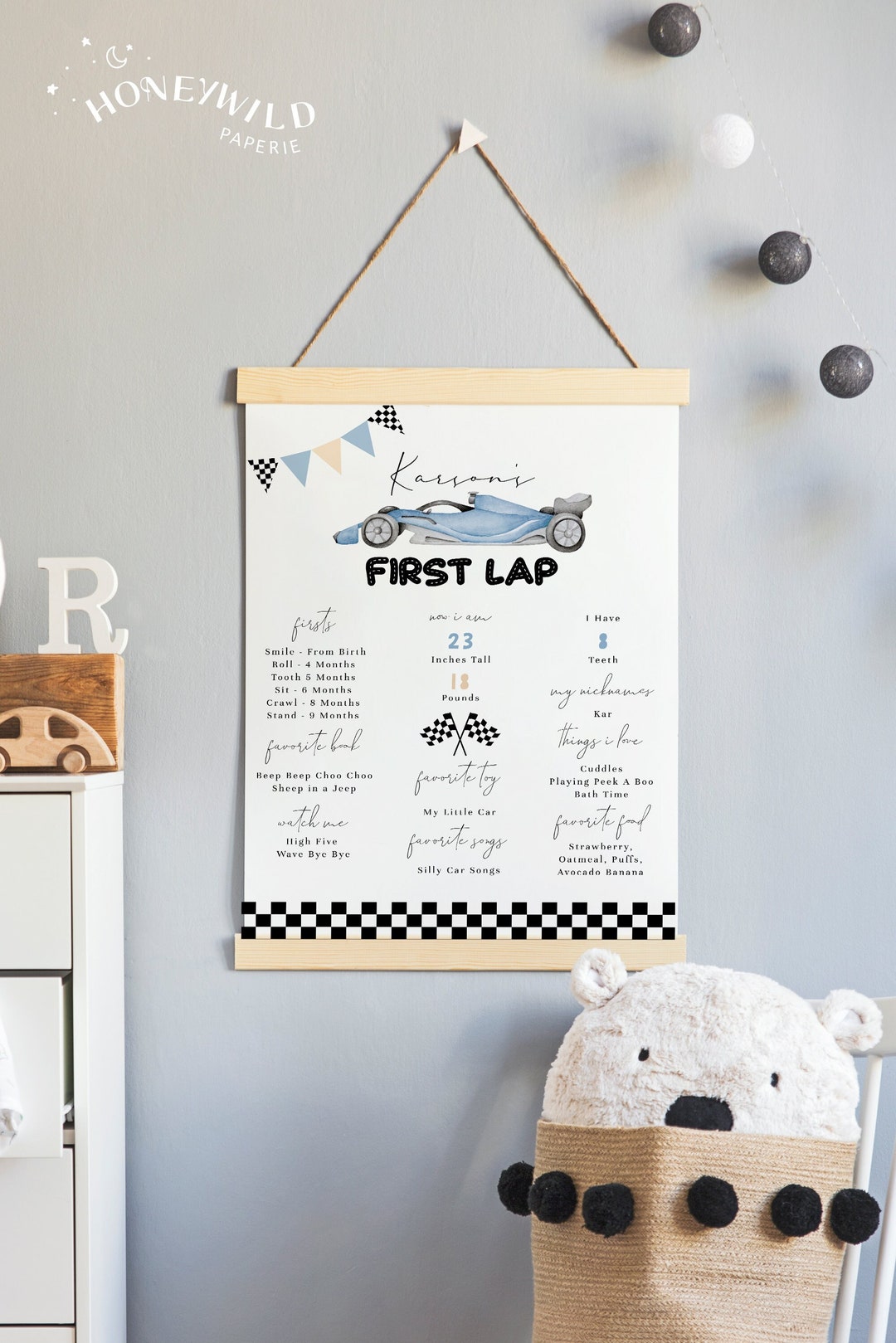 Little Racer Boy Baby 1st Birthday Milestone Sign | Editable Blue Race ...