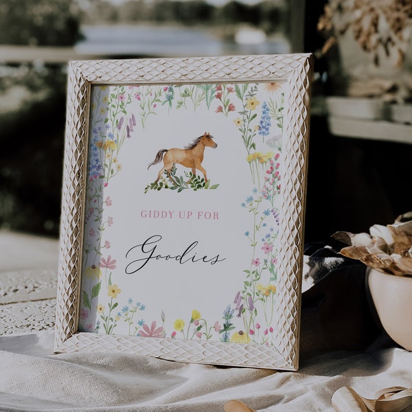 Fully Editable Gallop on Over Birthday Table Signs, Wildflowers Horse Party Favors Sign, Add Your Own Text, Cards and Gifts #S246