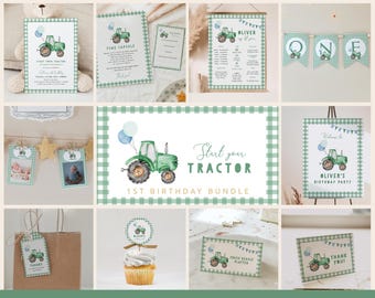 Green Tractor 1st Birthday Bundle | Editable Farm Tractor 1st Birthday Bundle Templates | Start Your Tractor Boy 1st Birthday Set#BO4