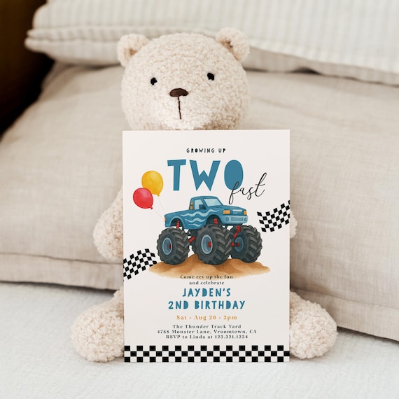 Two Fast Monster Truck Birthday Invitation - Boy 2nd Birthday Crash Bash Invite - Editable Growing Up Two Fast Party Template#YAC