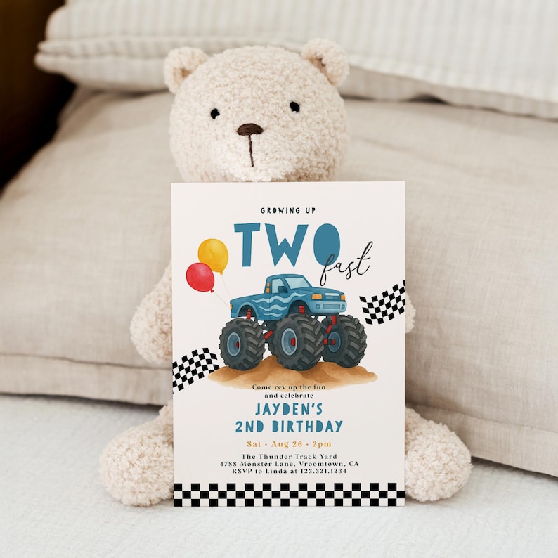 Blue monster truck 2nd birthday invitation with “Two Fast” wording, checkered flags, balloons, and editable text. Perfect for a crash bash or monster truck party theme for boys.