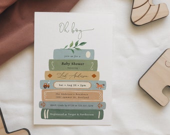 Storybook Stack Baby Shower Invitation, Storybook Baby Shower Invitation, Book Lovers, Boy Baby Shower Invitation,Fully Editable#Y237