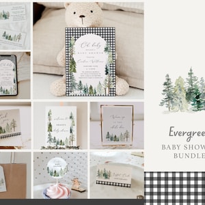 Evergreen Baby Shower Bundle, Winter Rustic Baby Shower Bundle Set, Editable Templates for Winter Pine and Greenery Themed Baby Shower#W233