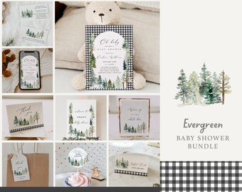 Evergreen Baby Shower Bundle, Winter Rustic Baby Shower Bundle Set, Editable Templates for Winter Pine and Greenery Themed Baby Shower#W233