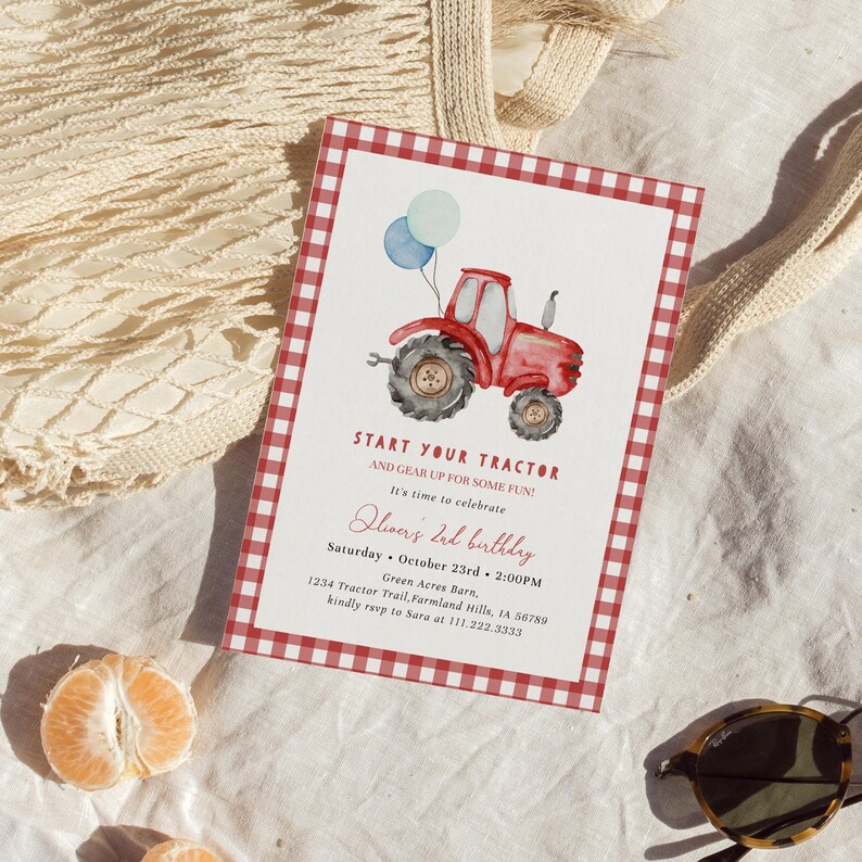 Red tractor 2nd birthday invitation for a boy farm birthday party, featuring a watercolor tractor, balloons, red gingham, and “Start Your Tractor” wording. Perfect for second birthday boys, barnyard parties, farm themes, and tractor-loving toddlers. Instant Access, simple to customize.