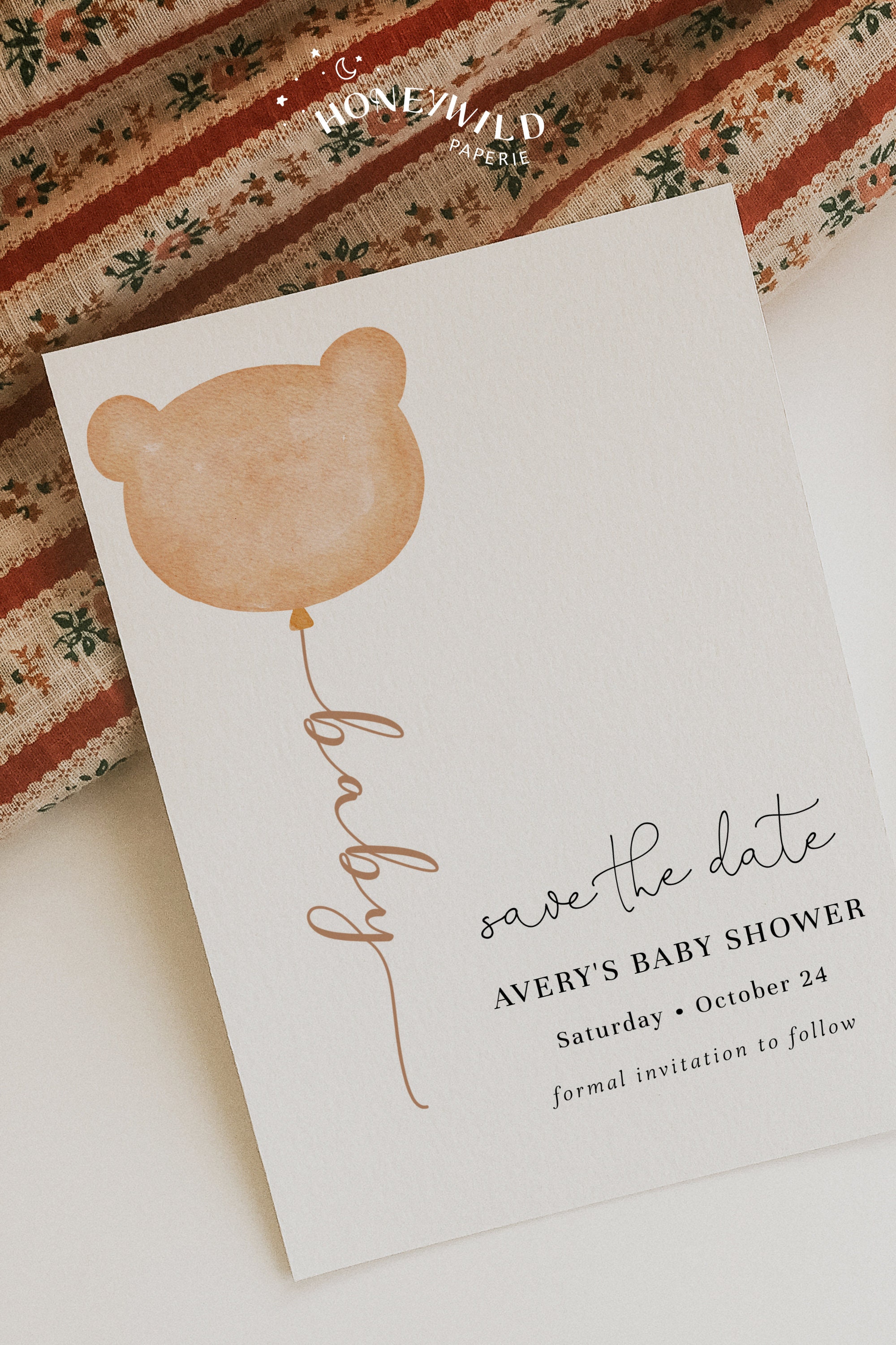Minimal Baby Bear Balloon Save the Date Card Printable Baby | Etsy