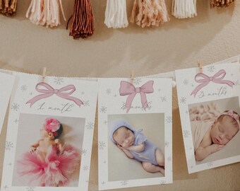 Winter Snowflake 1st Birthday Photo Banner – Pink Bow Monthly Photo Garland – Editable Winter Onederland Baby Milestone Display#WS7