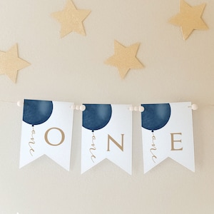 Navy Blue and Gold Birthday Banner, Editable Boy 1st Birthday Highchair Banner, Boy First Birthday Decorations, Fully Editable Printable#R11