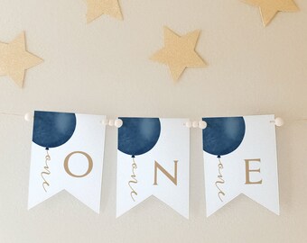 Pancarta de cumpleaños azul marino y dorado, pancarta editable para trona de primer cumpleaños de niño, decoraciones para el primer cumpleaños de niño, imprimible totalmente editable #R11