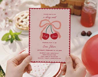 Cherry Baby Shower Invitation – Cherry On Top Girl Shower – Editable Hand Drawn Cherry Sweet Baby Invite#VB2