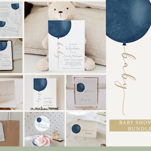 Modern Navy Blue & Gold Minimalist Baby Shower Bundle - Editable Invitations, Games, and Decorations, Ready to Pop Baby Shower Package, #R11