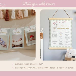 One Silly Goose Birthday Bundle, editable pink goose-themed 1st birthday invitation and décor set for a girl's first birthday.