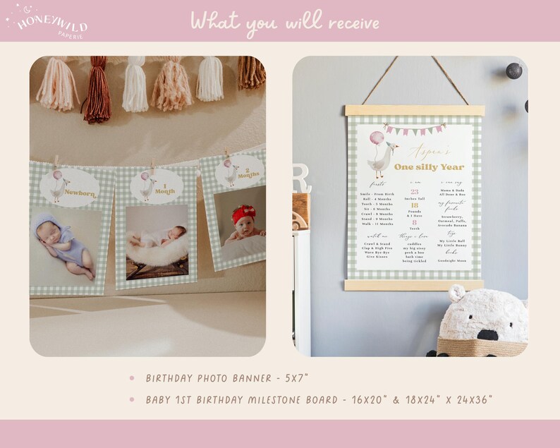 One Silly Goose Birthday Bundle, editable pink goose-themed 1st birthday invitation and décor set for a girl's first birthday.