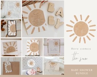 Here Comes The Sun Baby Shower Bundle, Boho Neutral Sun Baby Shower Invite, Games and Decor Set, Little Ray of Sunshine, Fully Editable#Y229