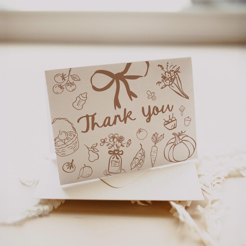 Editable fall baby shower invitation bundle with little pumpkin and locally grown baby shower theme, featuring hand-drawn harvest vegetables, pumpkins, bow details, and matching insert cards for an autumn baby shower celebration.