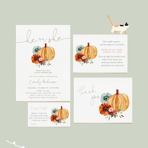 Kleine bundel Little Pumpkin Gender Reveal | Genderonthulling met herfstthema bewerkbare uitnodiging, luierloterij, boekverzoek en bedankkaarten#FA9