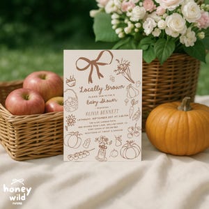 Editable fall baby shower invitation bundle with little pumpkin and locally grown baby shower theme, featuring hand-drawn harvest vegetables, pumpkins, bow details, and matching insert cards for an autumn baby shower celebration.