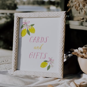 Conjunto de placas editáveis de chá de bebê com limão | Placa de mesa de limonada rosa | Placa de festa de menina com frutas cítricas | Adicione seu próprio texto | Cartões e presentes#SU0