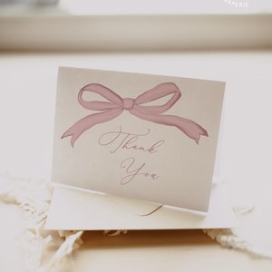 Dusty Rose roze strik dank u kaartsjabloon - baby shower & verjaardag bedankbriefjes, roze strik-thema briefpapier ontwerp #S251