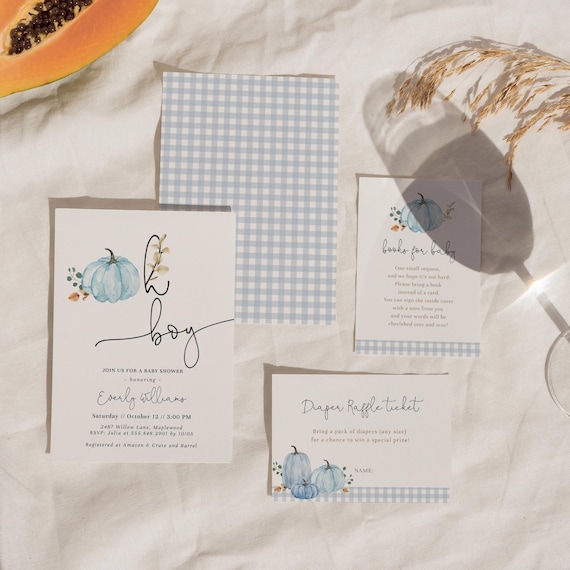 Blue Gingham Baby Shower Invitation Set, Boy Fall Baby Shower, Little Pumpkin Shower (Editable Template)