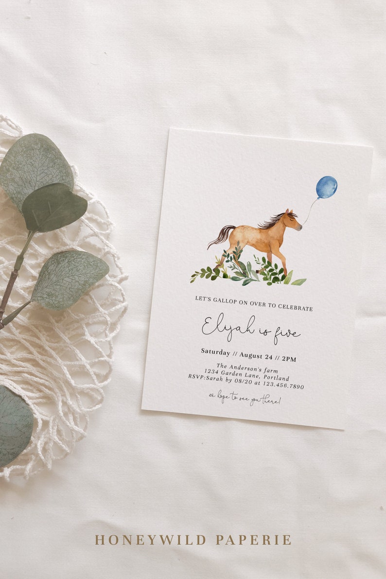 Simple Greenery Little Horse Birthday Invitation, Gallop on Over, Horse Birthday Party Invitation, Farm Birthday Invite, Fully EditableA9 image 2