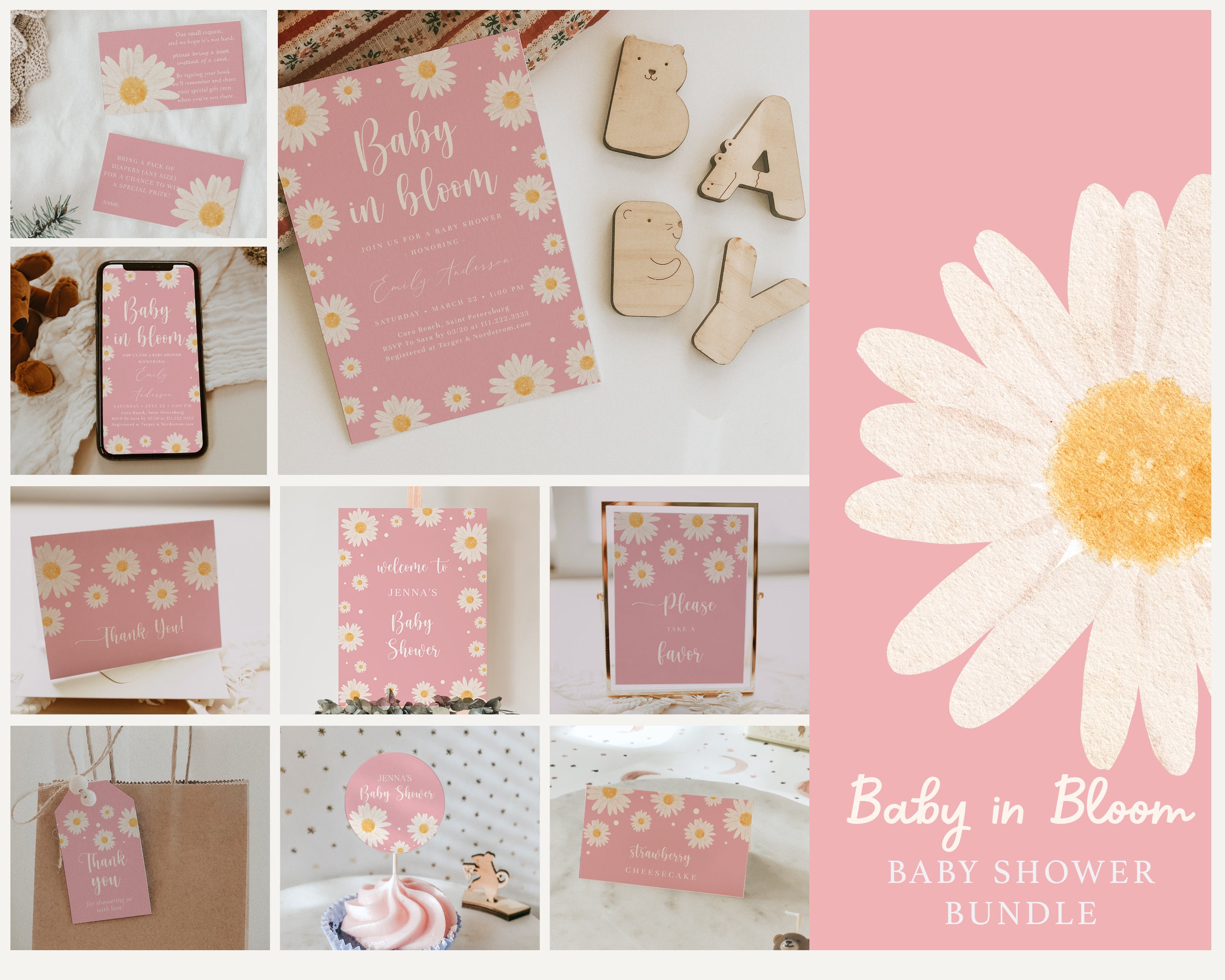 Baby in Bloom Baby Shower Bundle, Pink Daisy Baby Shower Set