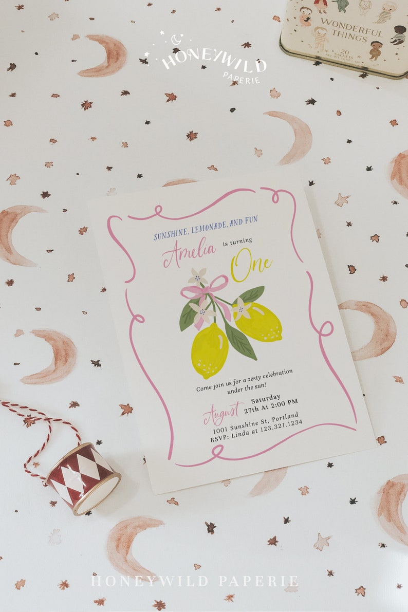 This listing is our Sunshine Lemonade and Fun Birthday Invitation, ideal for your little girls first birthday. It's delightfully designed with a cute pink bow on vibrant lemon motifs, perfectly blending sweetness and zest.