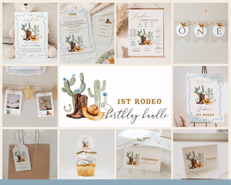 1st Rodeo Birthday Bundle featuring cowboy and western-themed elements, editable and printable, includes invitation and first birthday decor templates.