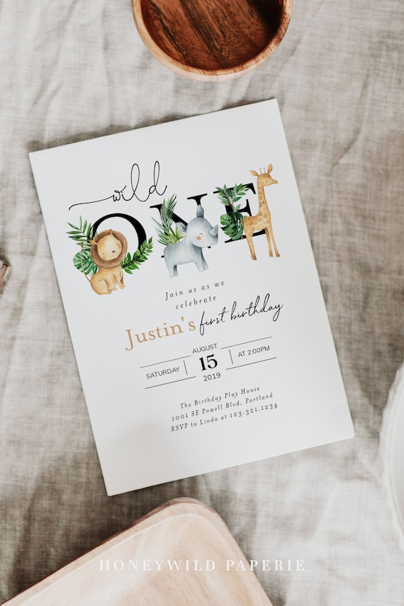 Wild One First Birthday invitations 15 w envelopes and rtn address printing watercolor safari