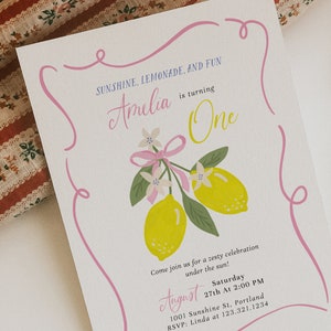 This listing is our Sunshine Lemonade and Fun Birthday Invitation, ideal for your little girls first birthday. It's delightfully designed with a cute pink bow on vibrant lemon motifs, perfectly blending sweetness and zest.