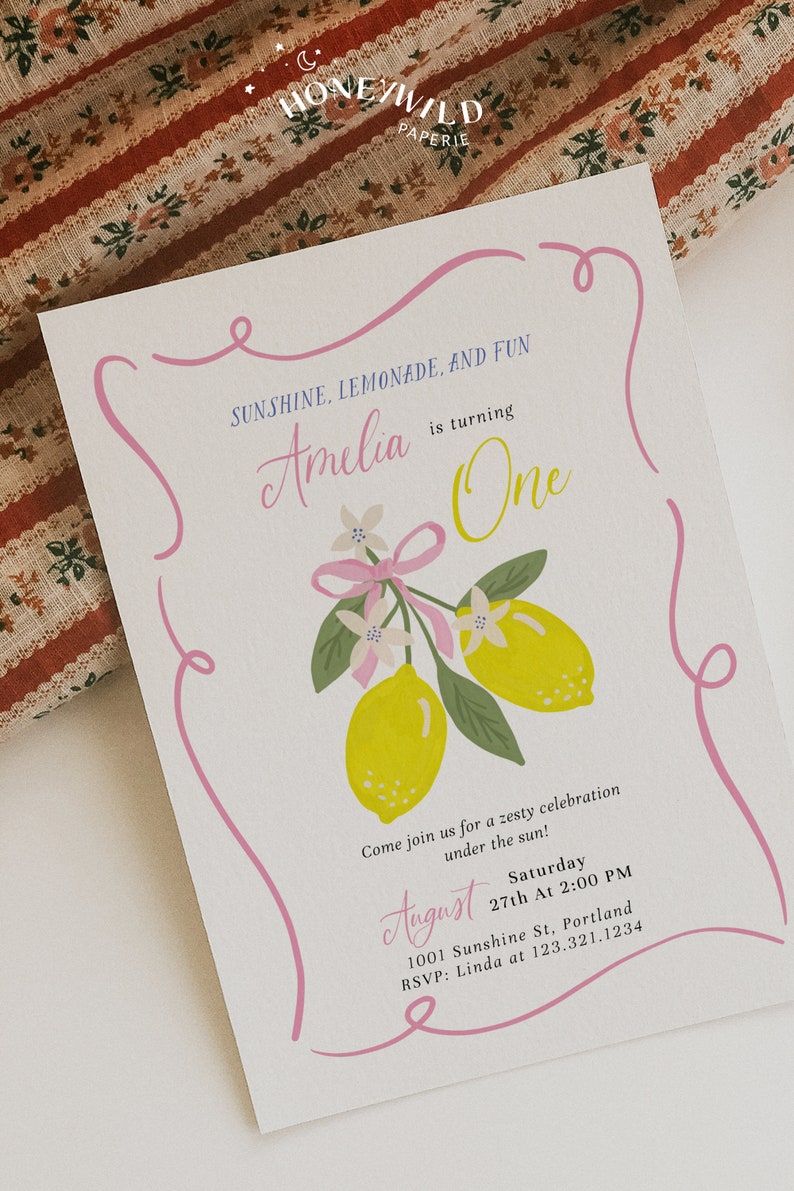 This listing is our Sunshine Lemonade and Fun Birthday Invitation, ideal for your little girls first birthday. It's delightfully designed with a cute pink bow on vibrant lemon motifs, perfectly blending sweetness and zest.