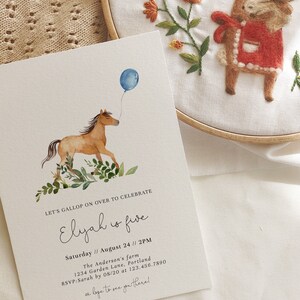 Simple Greenery Little Horse Birthday Invitation, Gallop on Over, Horse Birthday Party Invitation, Farm Birthday Invite, Fully EditableA9 image 3