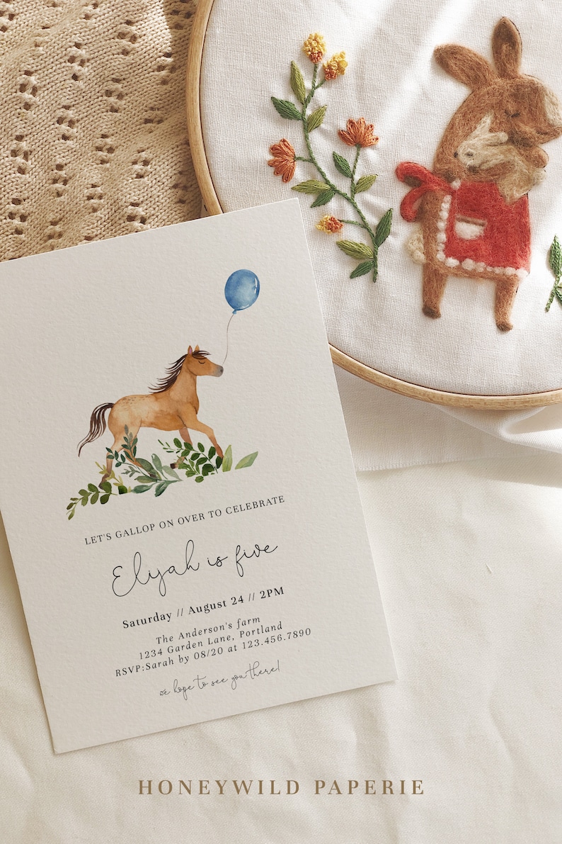 Simple Greenery Little Horse Birthday Invitation, Gallop on Over, Horse Birthday Party Invitation, Farm Birthday Invite, Fully EditableA9 image 3