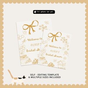 Editable bridal shower welcome sign featuring hand-drawn honey bees, honey jars, and a yellow bow. Perfect for a Bride to Bee or She Found Her Honey themed wedding shower.