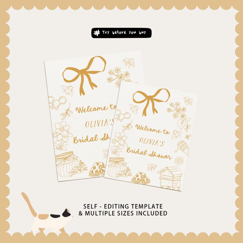 Editable bridal shower welcome sign featuring hand-drawn honey bees, honey jars, and a yellow bow. Perfect for a Bride to Bee or She Found Her Honey themed wedding shower.