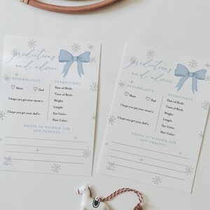 Prédictions et conseils pour bébé | Bébé il fait froid dehors Jeu éditable | Jeu imprimable de baby shower de coquette de noeud bleu de flocon de neige d'hiver #WS8