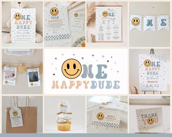 One Happy Dude 1st Birthday Bundle with Customizable Invitations, Milestones, and Decorations, Modern Smiley Face 1st Birthday Set#YC3