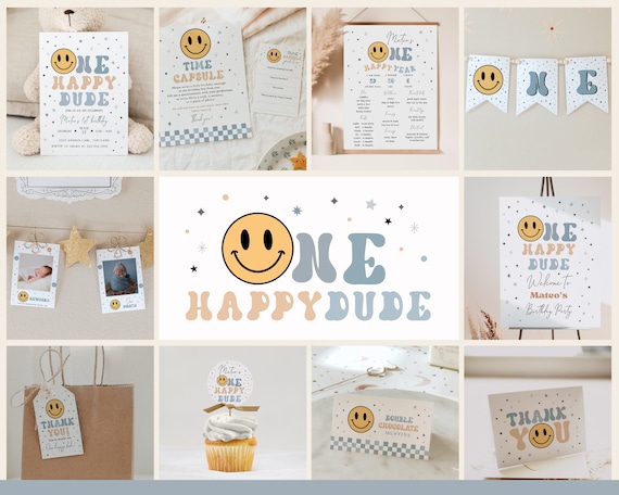 One Happy Dude 1st Birthday Bundle with Customizable Invitations, Milestones, and Decorations, Modern Smiley Face 1st Birthday Set#YC3